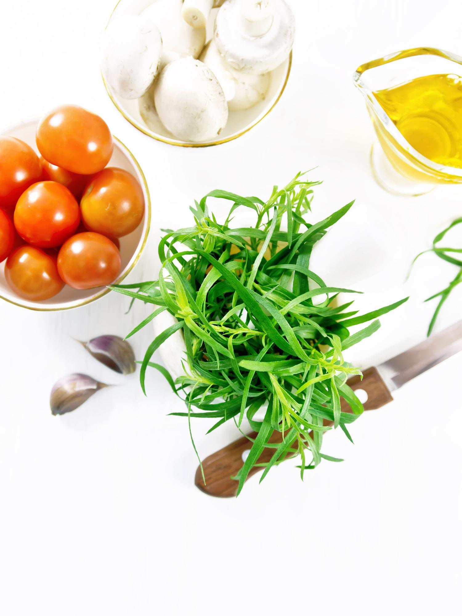 Close-up of fresh herbs and mise en place